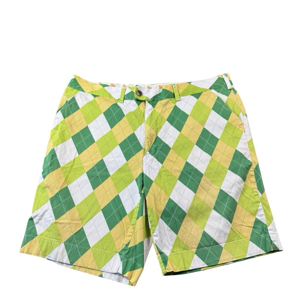 Loudmouth Tan Green Argyle Cotton Flat Front Mens Golf Chino Short Size 40